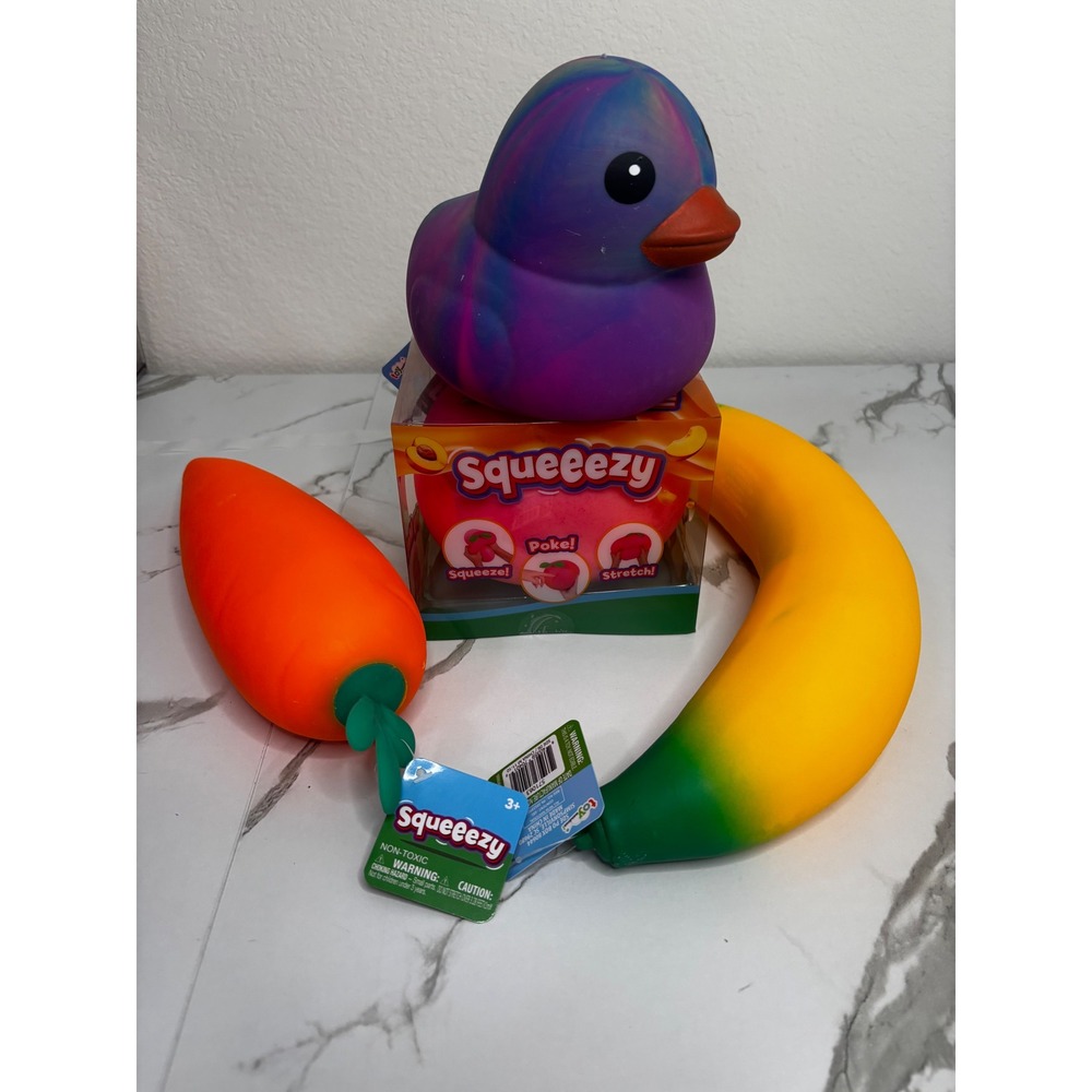 Squeeezy Sensory Fidget Toy Set Rubber Duck Banana Carrot Peach 4pc NWT